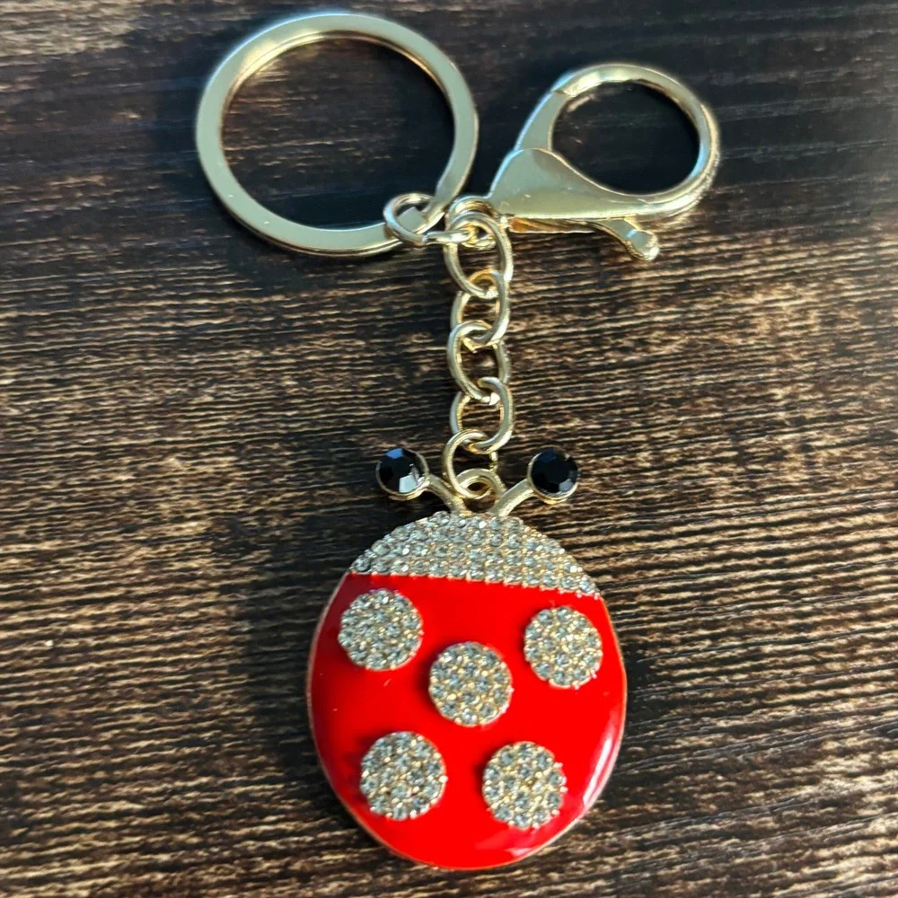 Gold Tone Red Enamel Rhinestone Ladybug Keychain Bag Charm